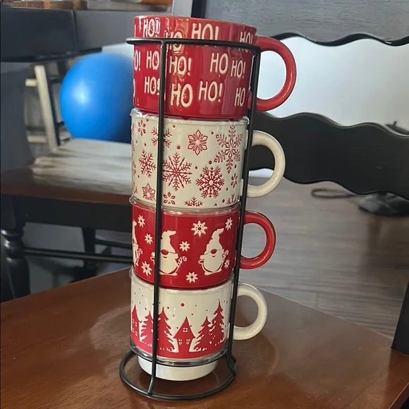 NEW stackable Festive Red and White Holiday Mug Set with cup holder - Picture 2 of 5